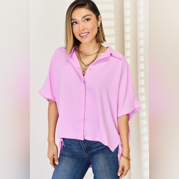 Zenana Texture Button Up Short Sleeve High-Low Shirt - Picture 1 of 5